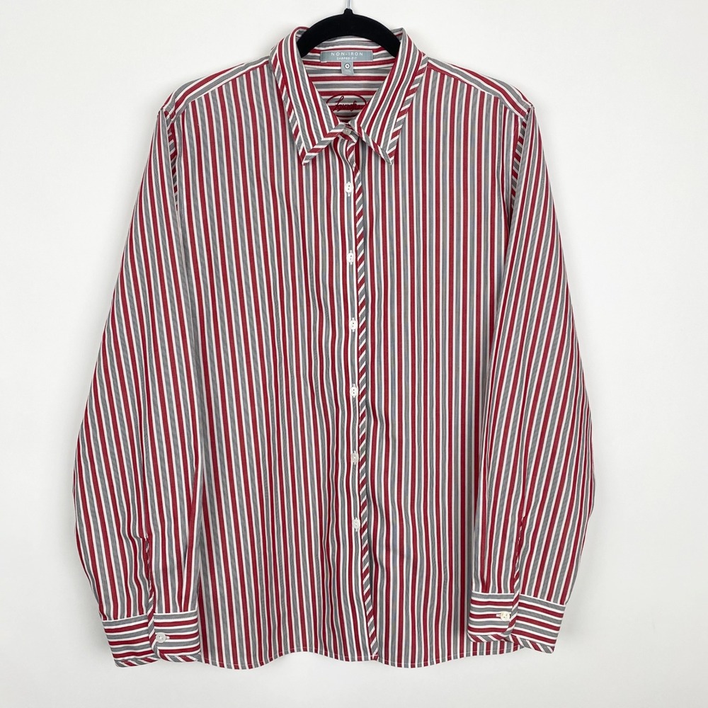 Foxcroft Non-Iron Shaped Fit Striped Button Down Shirt Womens 16 Red Blue